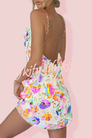 Round Neck Backless Sequin Floral Chain A Line Mini Dress