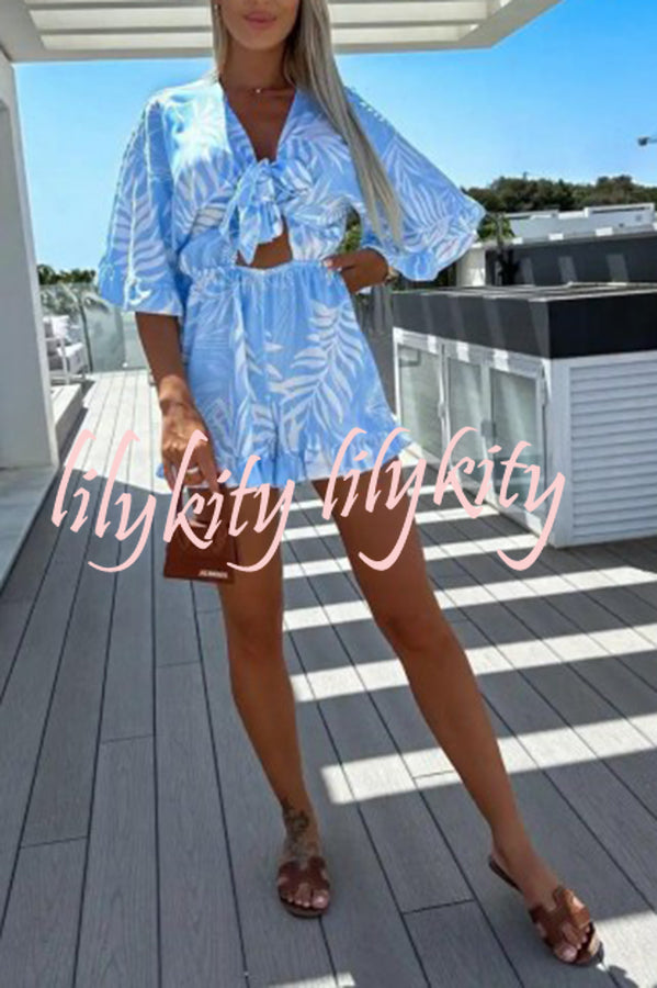 Zebra Print Ruffled Sleeves Dropped Sleeves V Neck Tie High Waist Romper