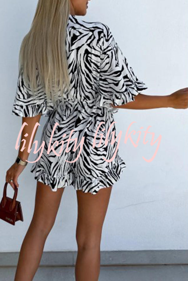 Zebra Print Ruffled Sleeves Dropped Sleeves V Neck Tie High Waist Romper