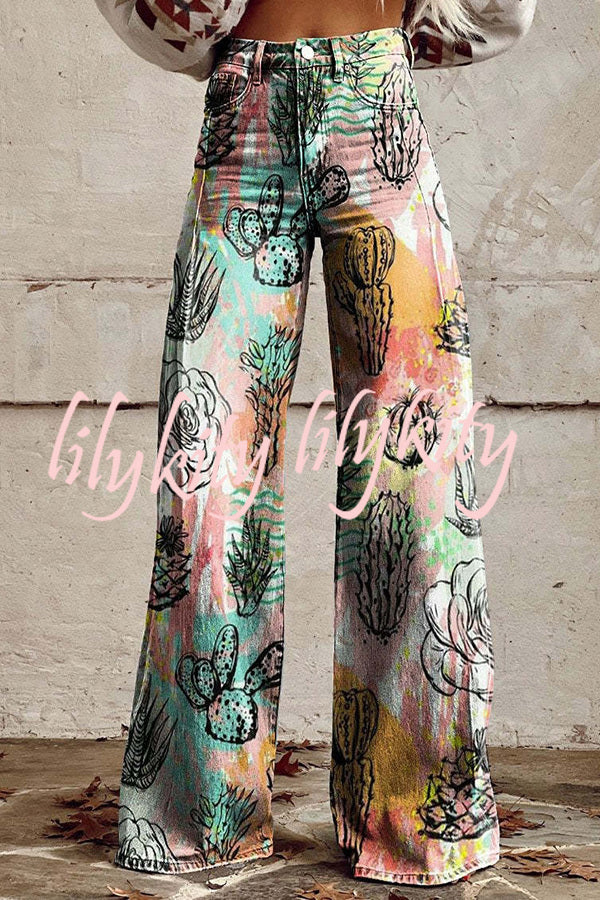 Beautiful Unique Print Button Pocket Wide Leg Pants