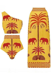 Color Block Art Elephant Print High Waist Bikini And Skirt