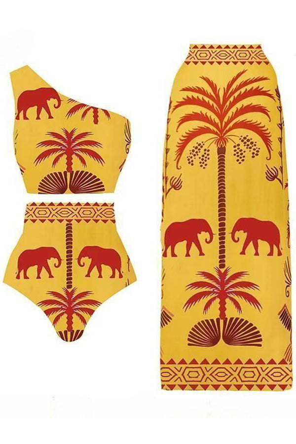 Color Block Art Elephant Print High Waist Bikini And Skirt