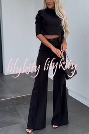 Luisa High Neck Half Sleeve Crop Top and High Rise Pocketed Flare Pants Set