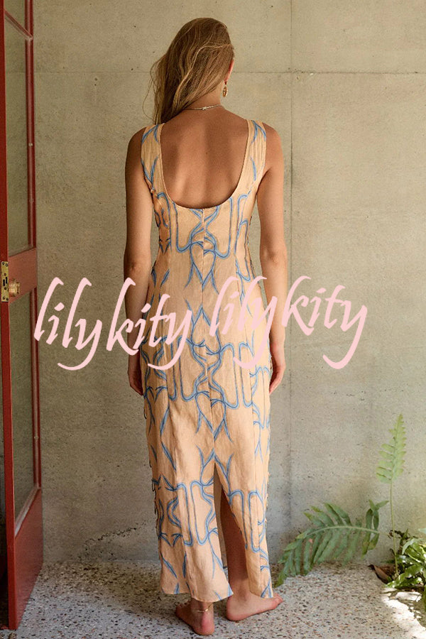 Glimmer of Hope Linen Blend Unique Print Side Hollow Ring Design Maxi Dress