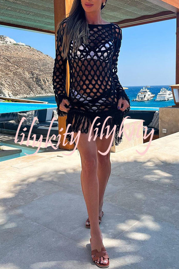 Beautiful Long Sleeved Pullover Fringed Mesh Cover Up