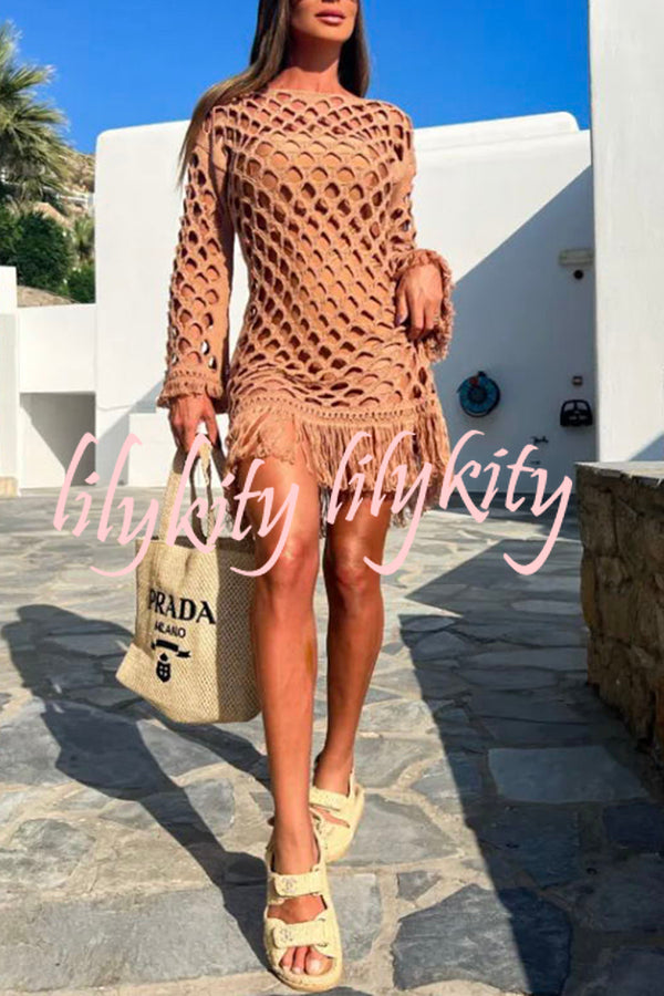 Beautiful Long Sleeved Pullover Fringed Mesh Cover Up