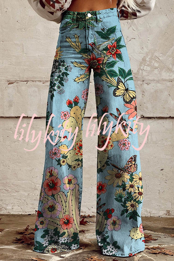 Casual Floral Print Button Pocket Wide Leg Pants