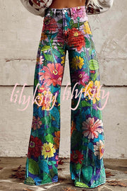 Casual Floral Print Button Pocket Wide Leg Pants