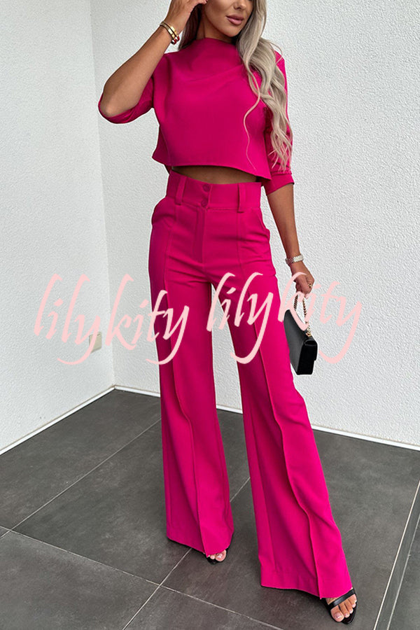 Luisa High Neck Half Sleeve Crop Top and High Rise Pocketed Flare Pants Set