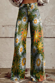 Casual Floral Print Button Pocket Wide Leg Pants