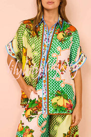 Enjoy Summer Lemon Satin Unique Print Button Down Oversized Blouse