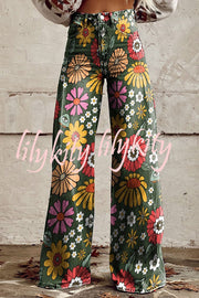 Casual Floral Print Button Pocket Wide Leg Pants