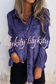 First and Fabulous Metallic Fabric Button Up Long Sleeve Loose Blouse