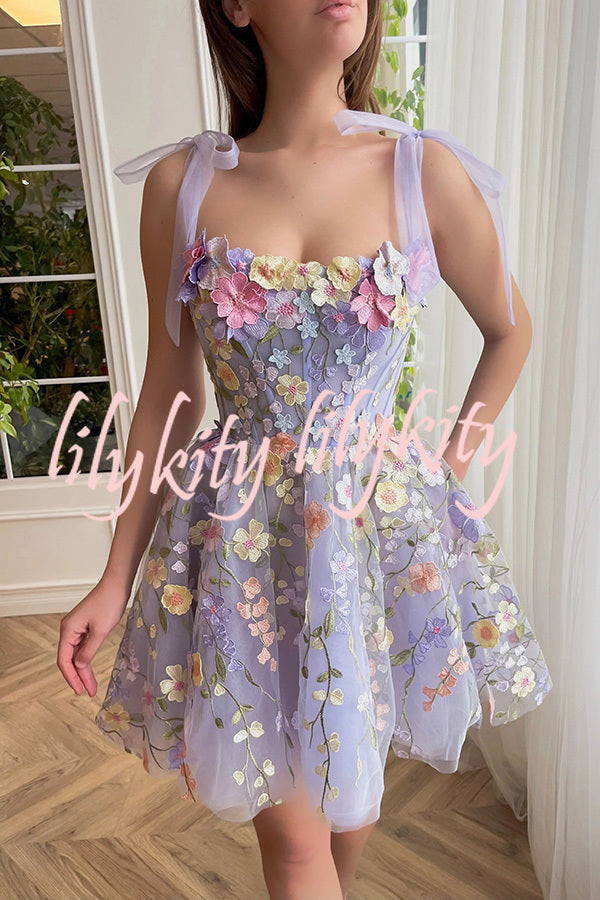 Lavender Floral Lace Up High Waisted Back Zip Mini Dress