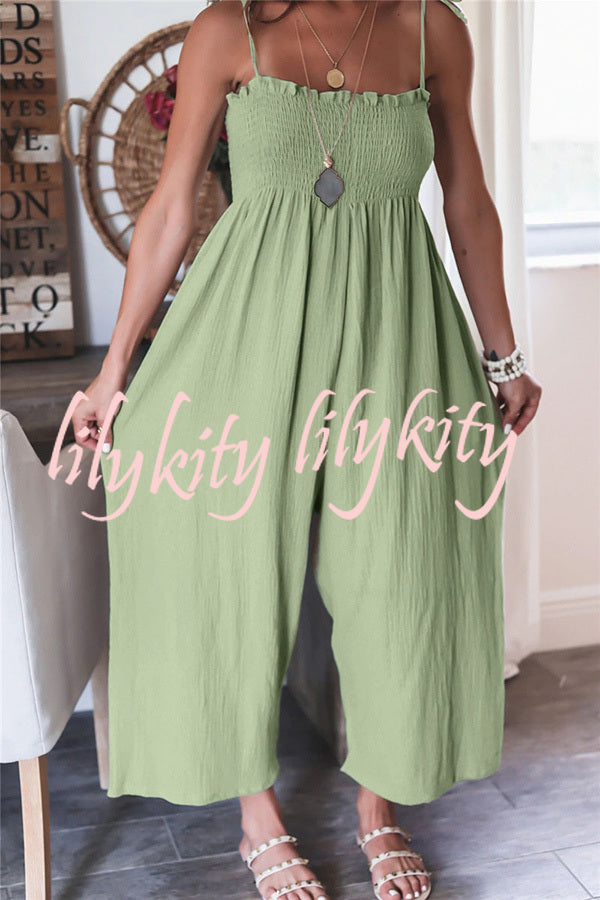 Elegant Solid Color High Waist Linen Blend Suspender Pleated Jumpsuit