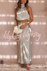 Such A Vibe High Neck Satin Drape Maxi Skirt Set