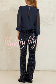 Diva Velvet Sequin High Rise Elastic Waist Flare Pants