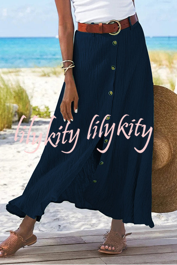 Soft Breeze Linen Blend Front Button Down Midi Skirt