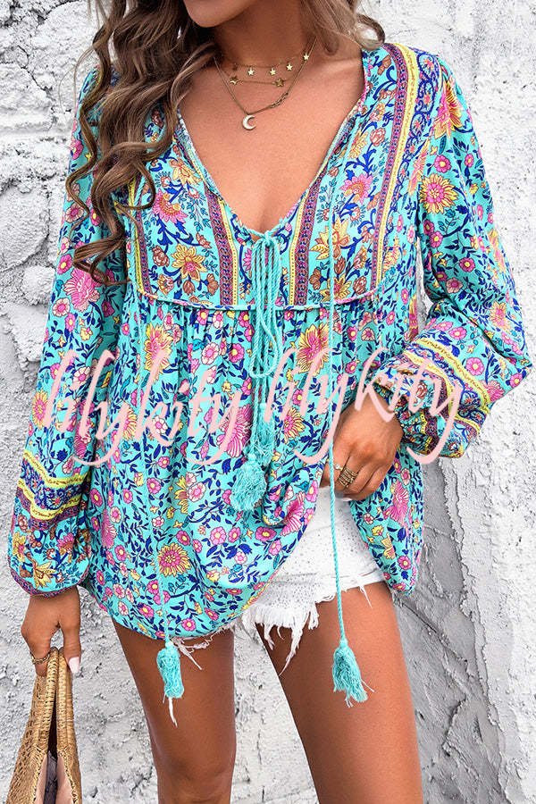 Intricate Floral Print V Neck Lace Up Paneled Long Sleeve Shirt