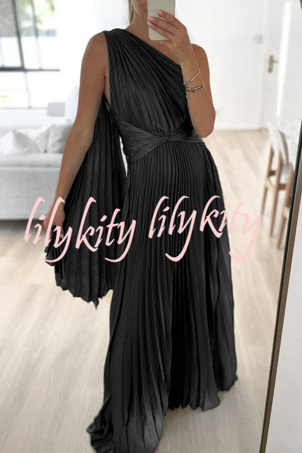 Keira One Shoulder Pleated Satin Maxi Dress