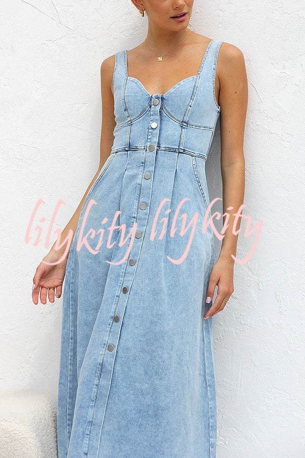 Spring Fling Washed Denim Button Pocket Back Smocked Midi Dress