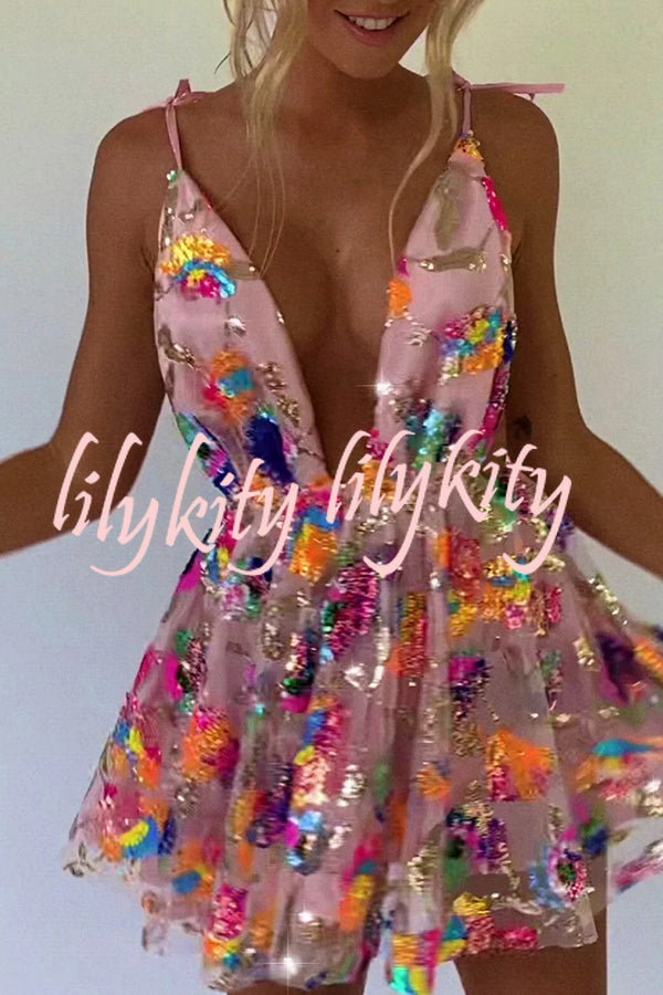 V Neck Open Back Sequined Floral Tie A Line Mini Dress