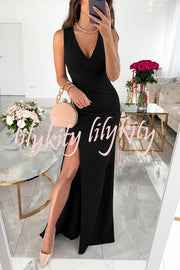 Height of Fame V-neck Ruched Slit Maxi Dress