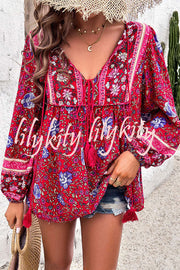 Intricate Floral Print V Neck Lace Up Paneled Long Sleeve Shirt