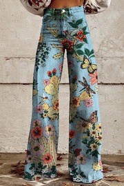 Casual Floral Print Button Pocket Wide Leg Pants