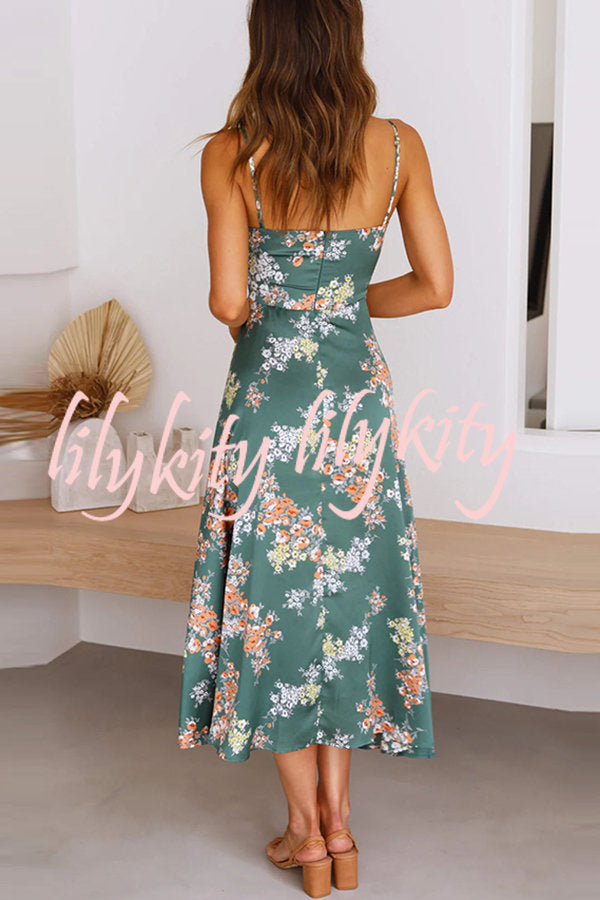 Dreamers Satin Floral Tie Up Slit Midi Dress