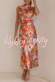 Fascinating Day Floral Halter Neck Elastic Waist Maxi Dress