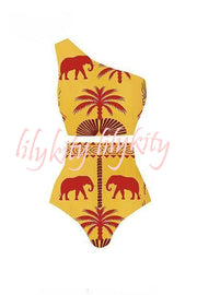 Color Block Art Elephant Print High Waist Bikini And Skirt