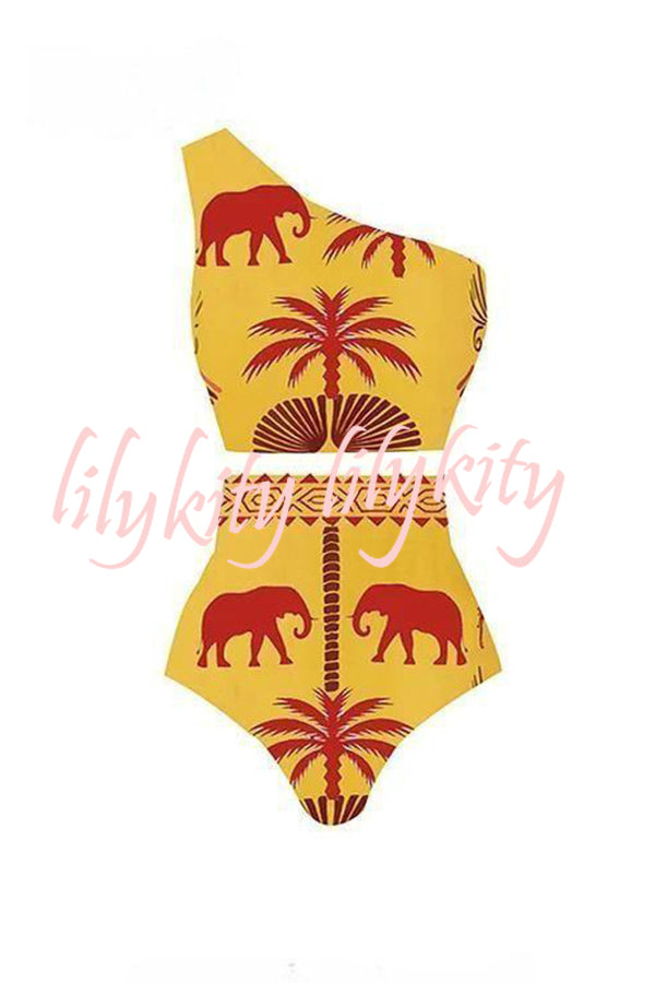 Color Block Art Elephant Print High Waist Bikini And Skirt