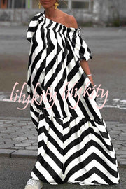 Exquisite Striped Patchwork Bell Sleeve Pocket Maxi Dress