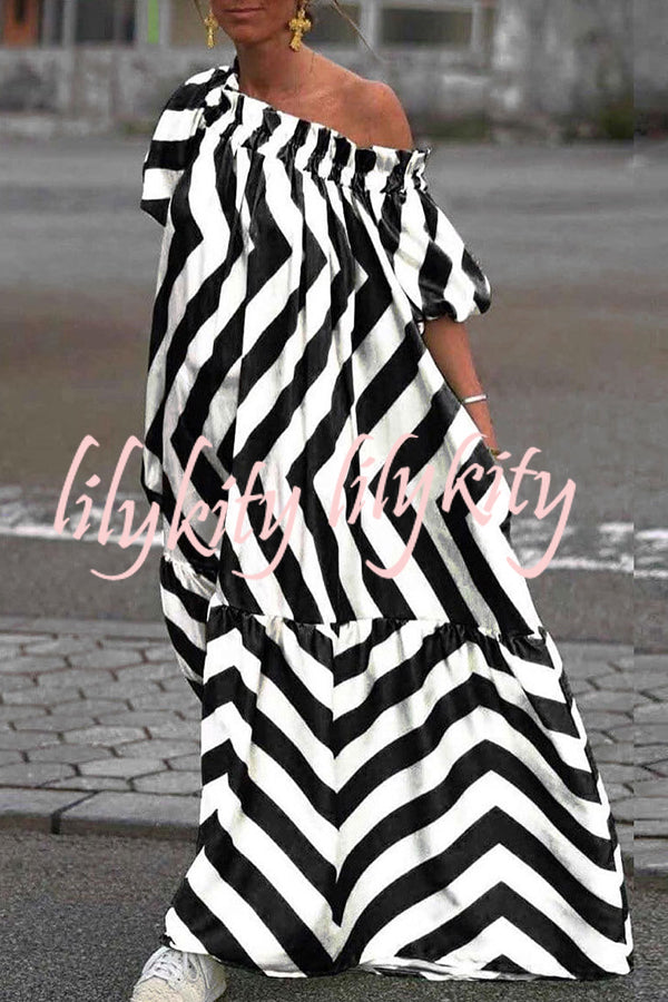 Exquisite Striped Patchwork Bell Sleeve Pocket Maxi Dress