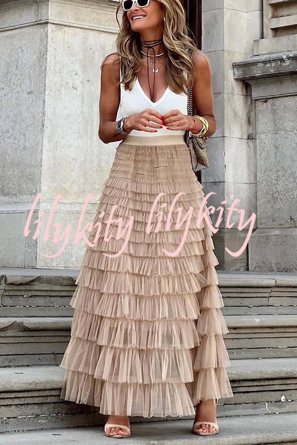 Be Your Own City Queen Tiered Elastic Waist Tulle Maxi Skirt