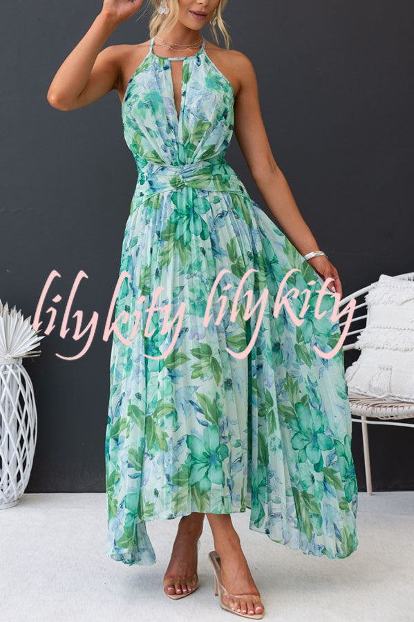 Sunny Forecast Floral Cutout Neck Pleated Midi Dress