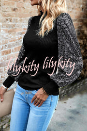 Sequined Paneled Knitted Long Sleeved Shirts