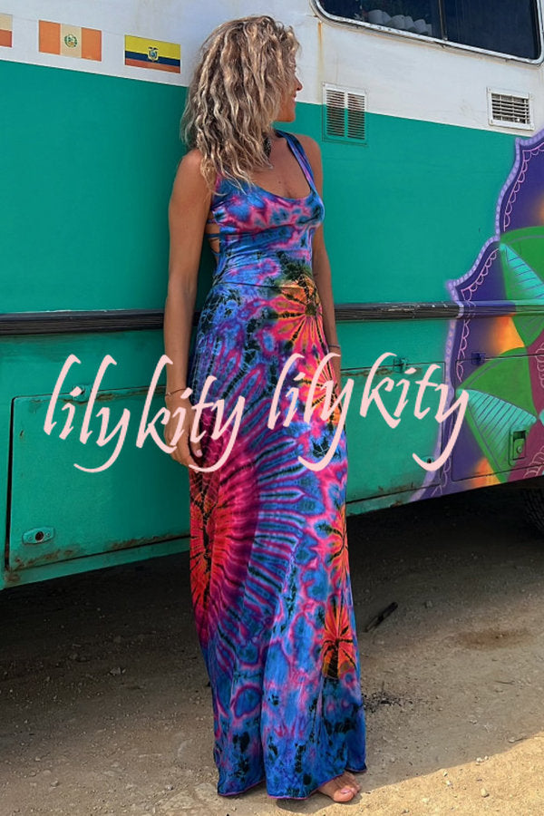 La Bamba Tie-dye Print Back Lace-up Stretch Maxi Dress