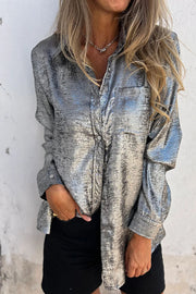 First and Fabulous Metallic Fabric Button Up Long Sleeve Loose Blouse