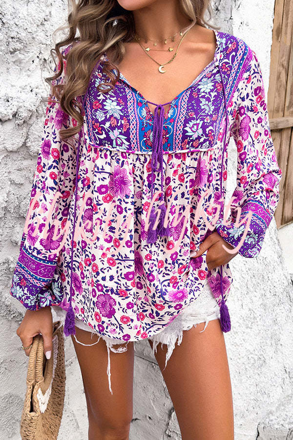 Intricate Floral Print V Neck Lace Up Paneled Long Sleeve Shirt